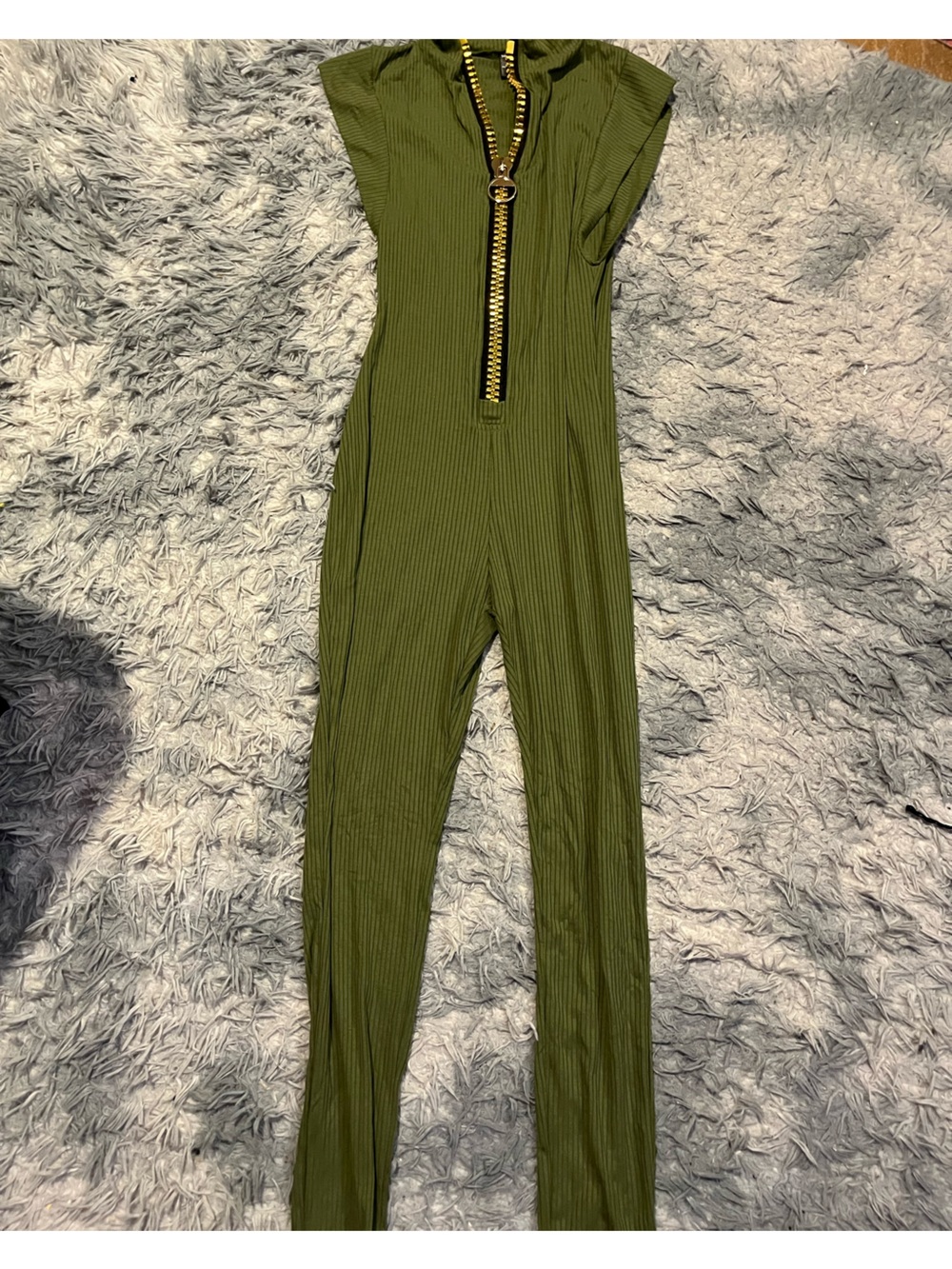 Olive Green Ribbed Zip-Front Jumpsuit